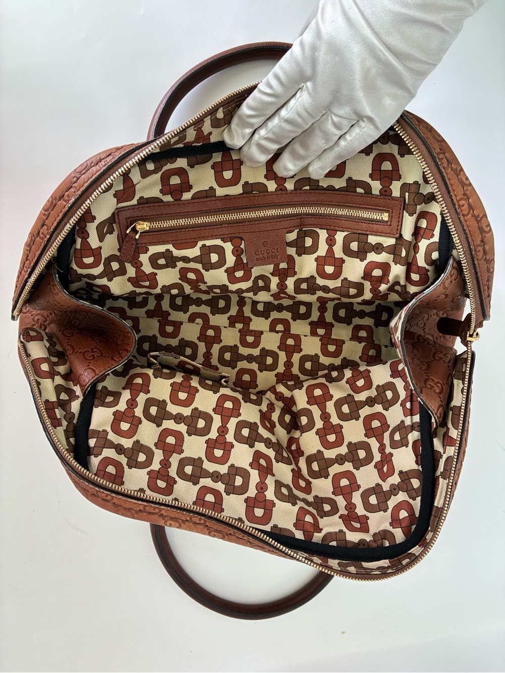 Gucci Brown Leather and GG Canvas Satchel with Gold Hardware - Picture 9 of 12